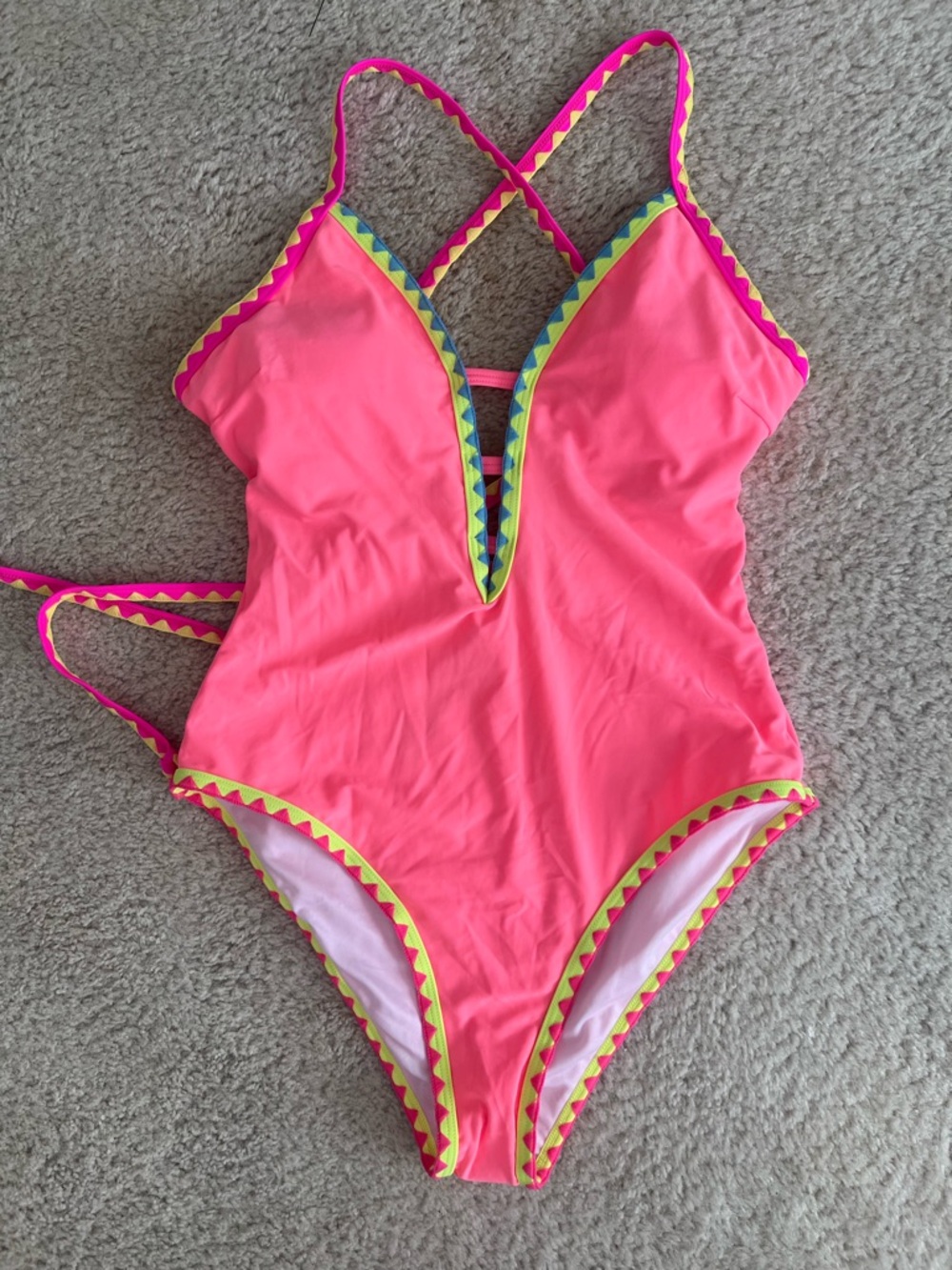 Popvil Neon Pink Coral Scallop-Trim One-Piece Tie Swimsuit Medium NWT